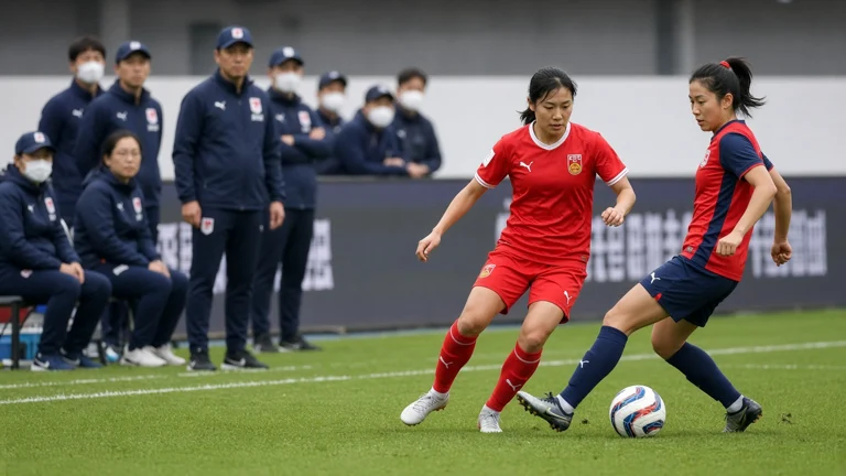 中国女足比赛场景与教练团队在场边观察比赛